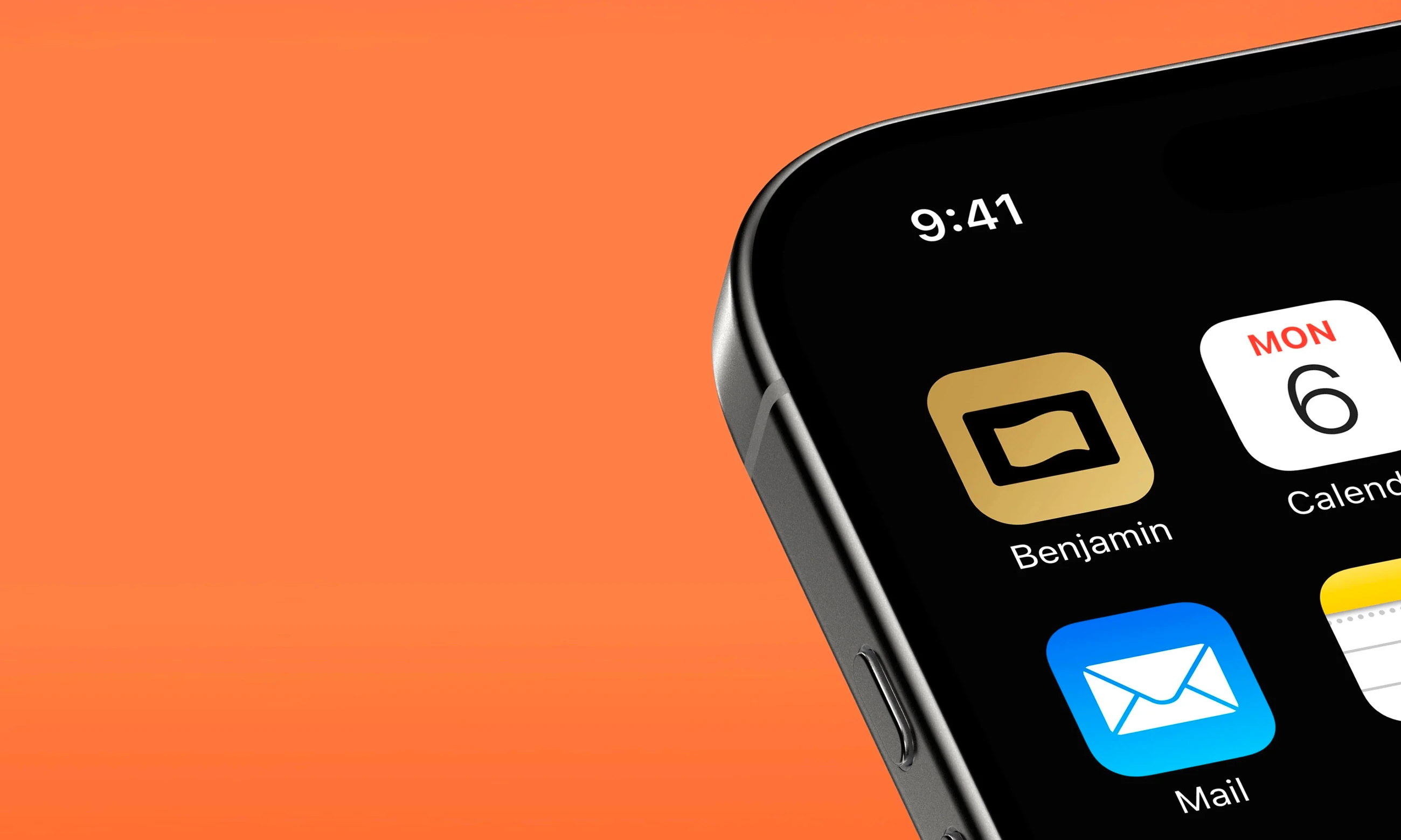 Close-up of a phone showing the Benjamin app icon against a bright orange background