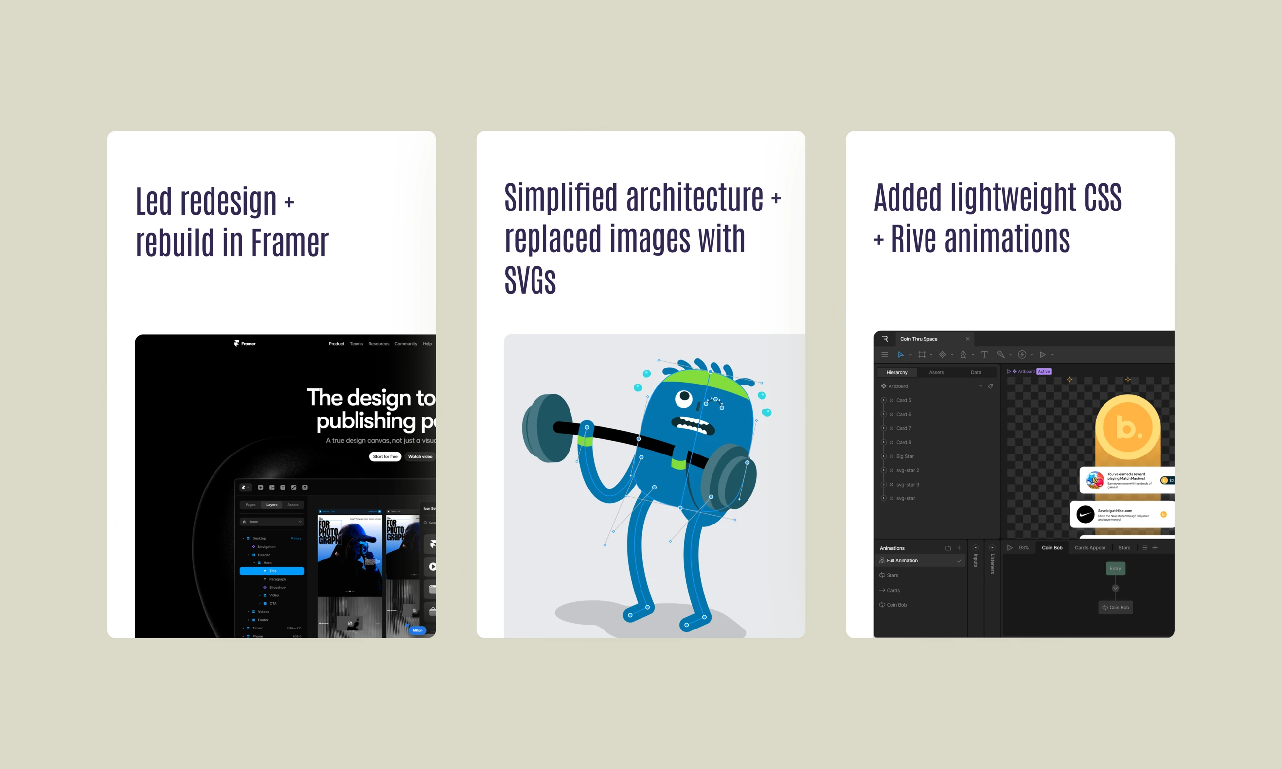 Benjamin website improvement board showing Framer rebuild, SVG illustration, and CSS and Rive animation work