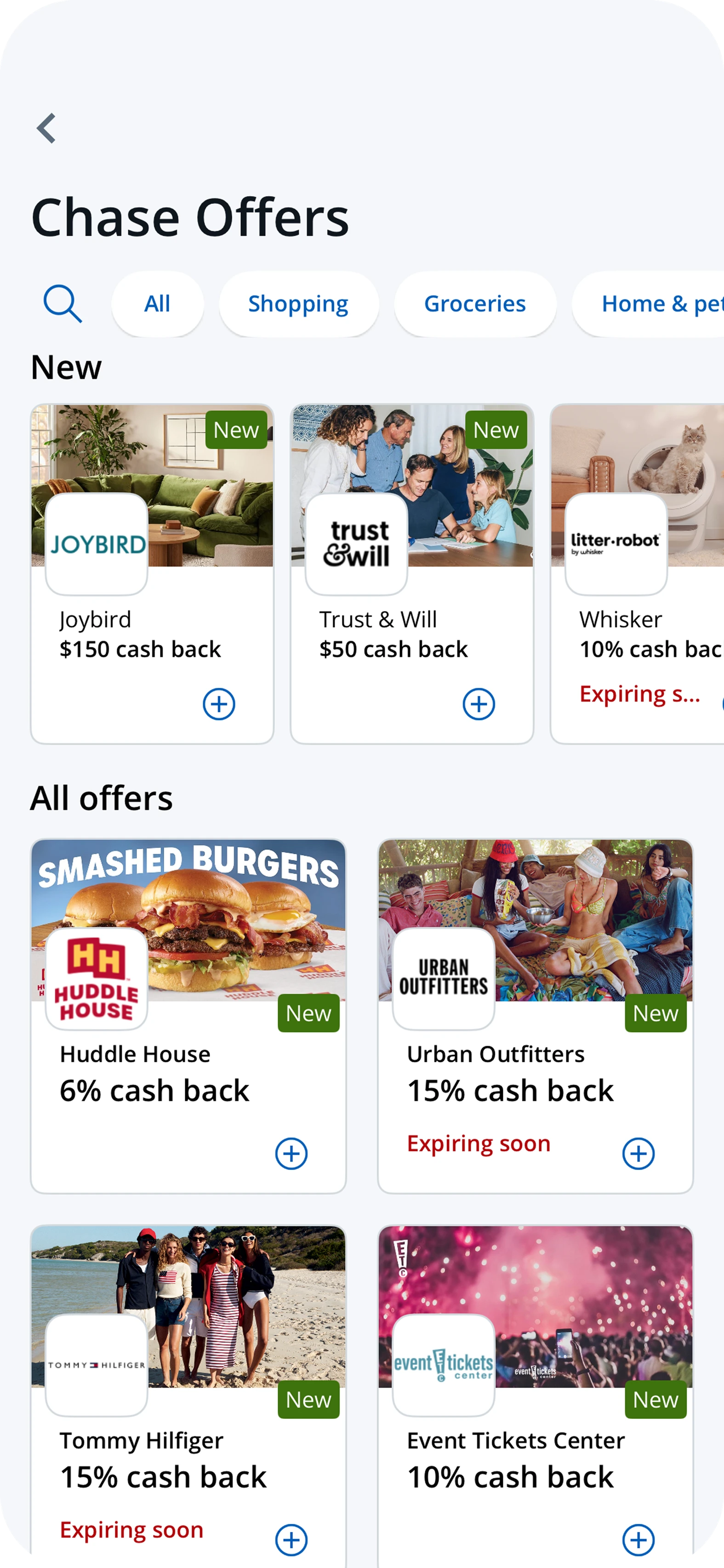 Chase Offers browsing screen with categories and merchant offer grid
