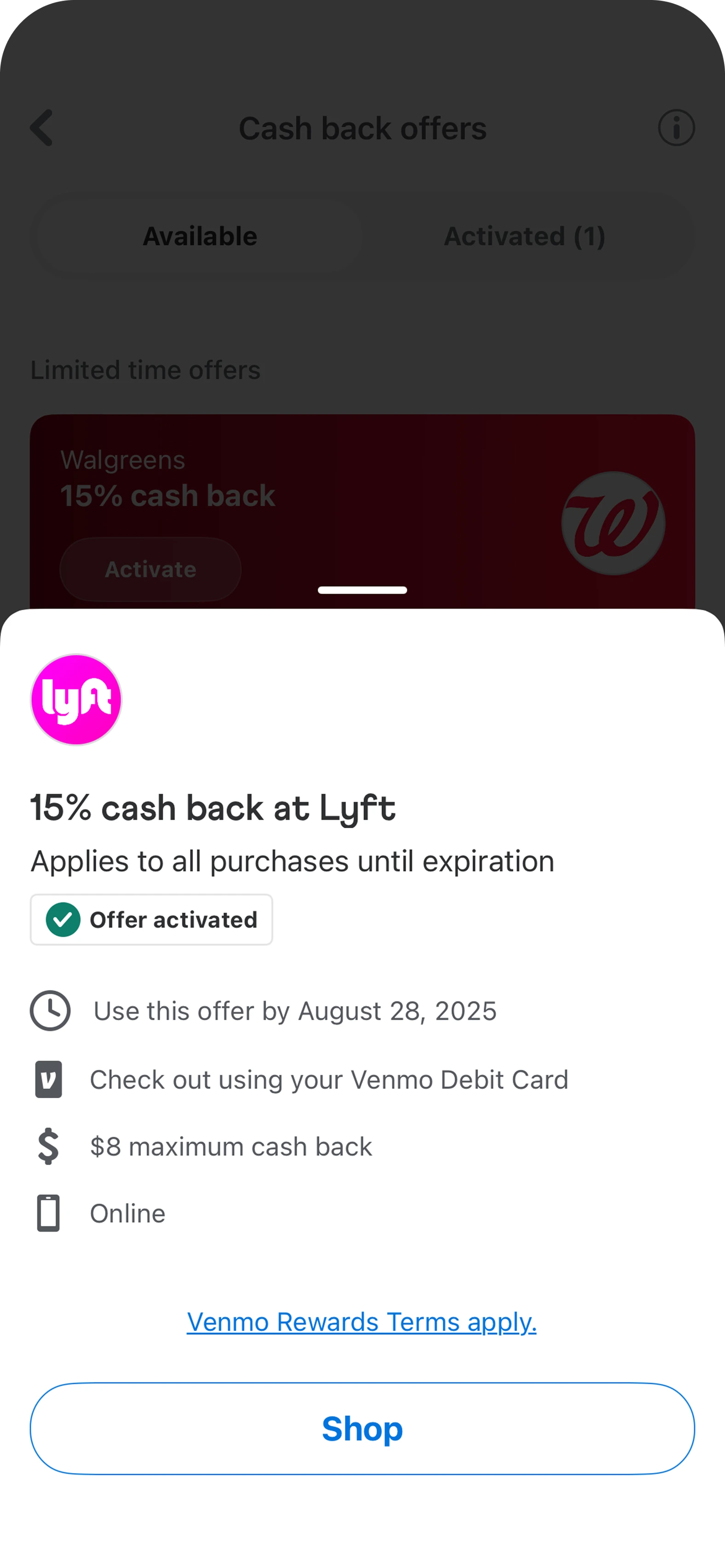 Activated Lyft offer details in Venmo with reward terms and Shop action