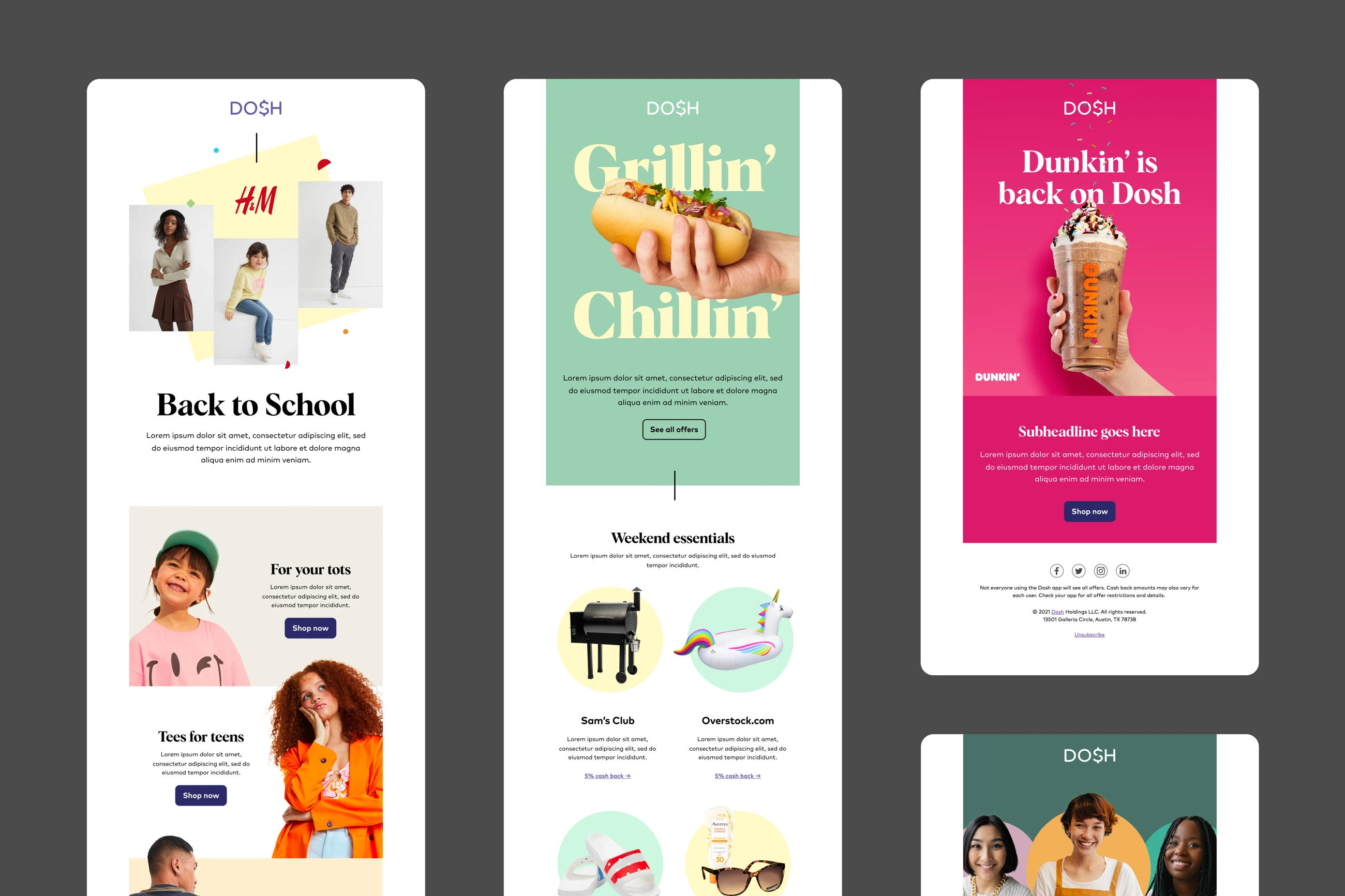 Collection of Dosh promotional email designs including Back to School and seasonal merchant campaigns