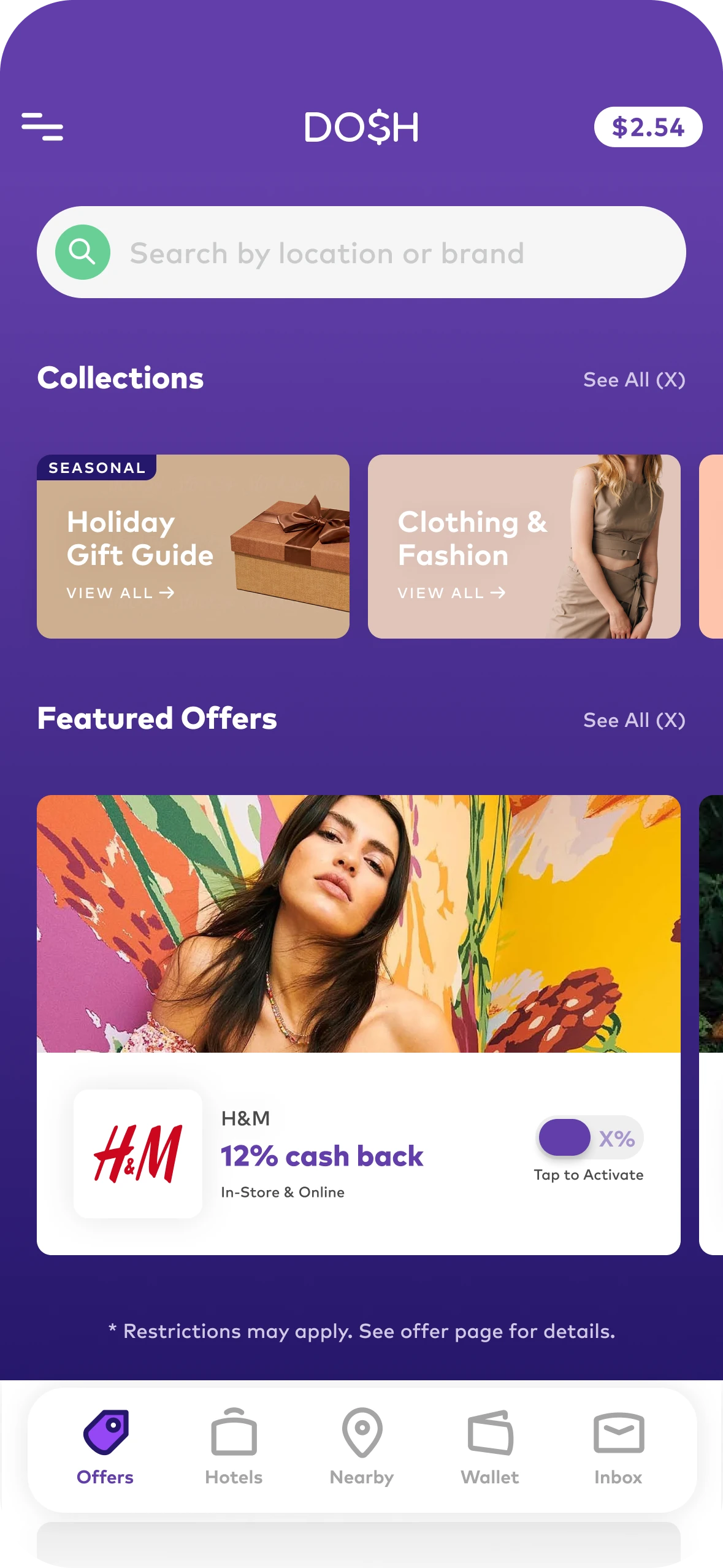 Dosh feed with collections and an H&M offer activation control