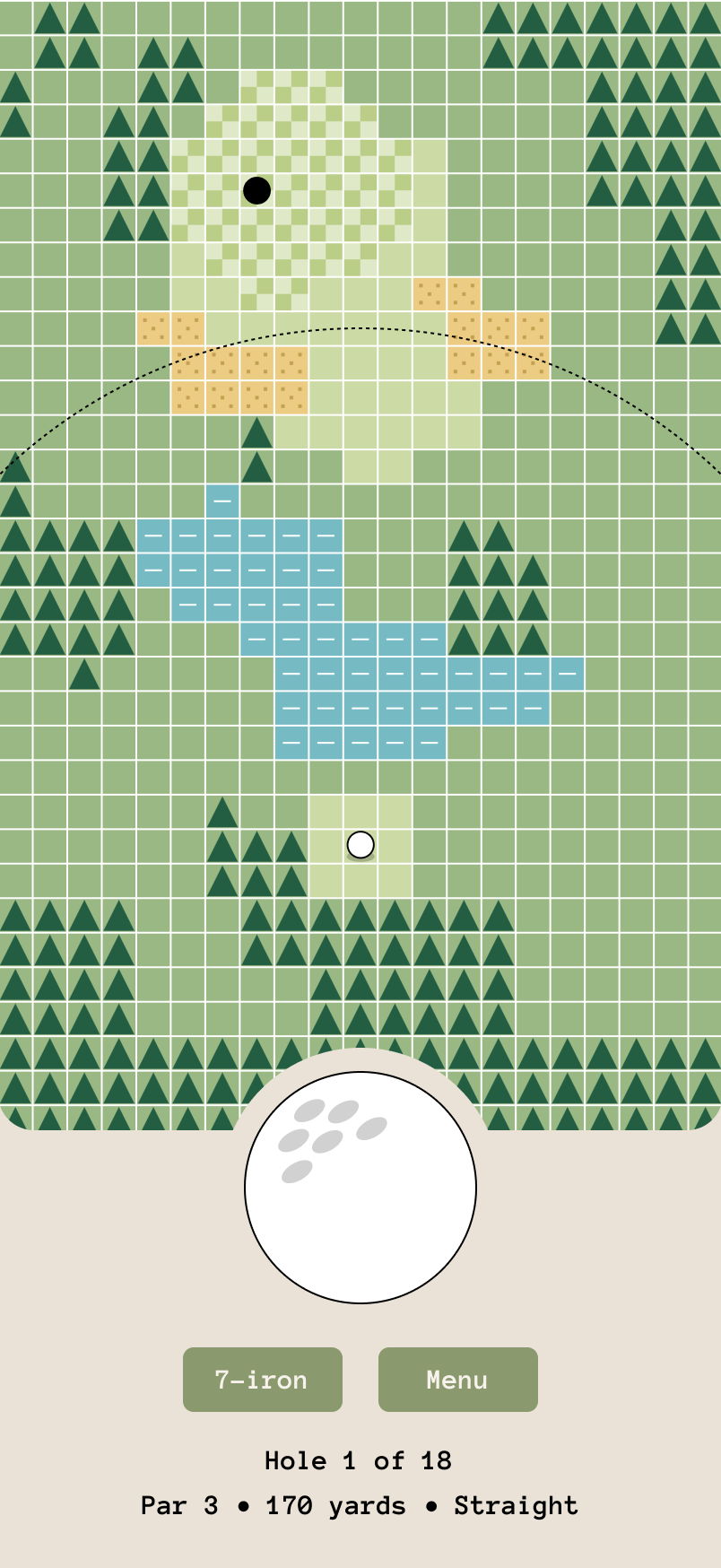 Overhead course concept with a square grid, trees, sand, water, and a shot-distance arc