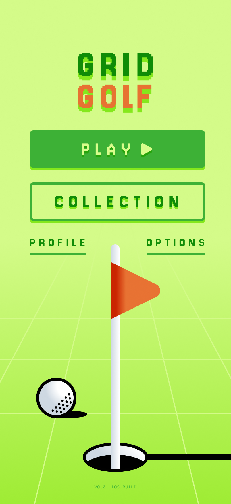 Grid Golf main menu with pixel lettering, a golf ball, and an orange flag