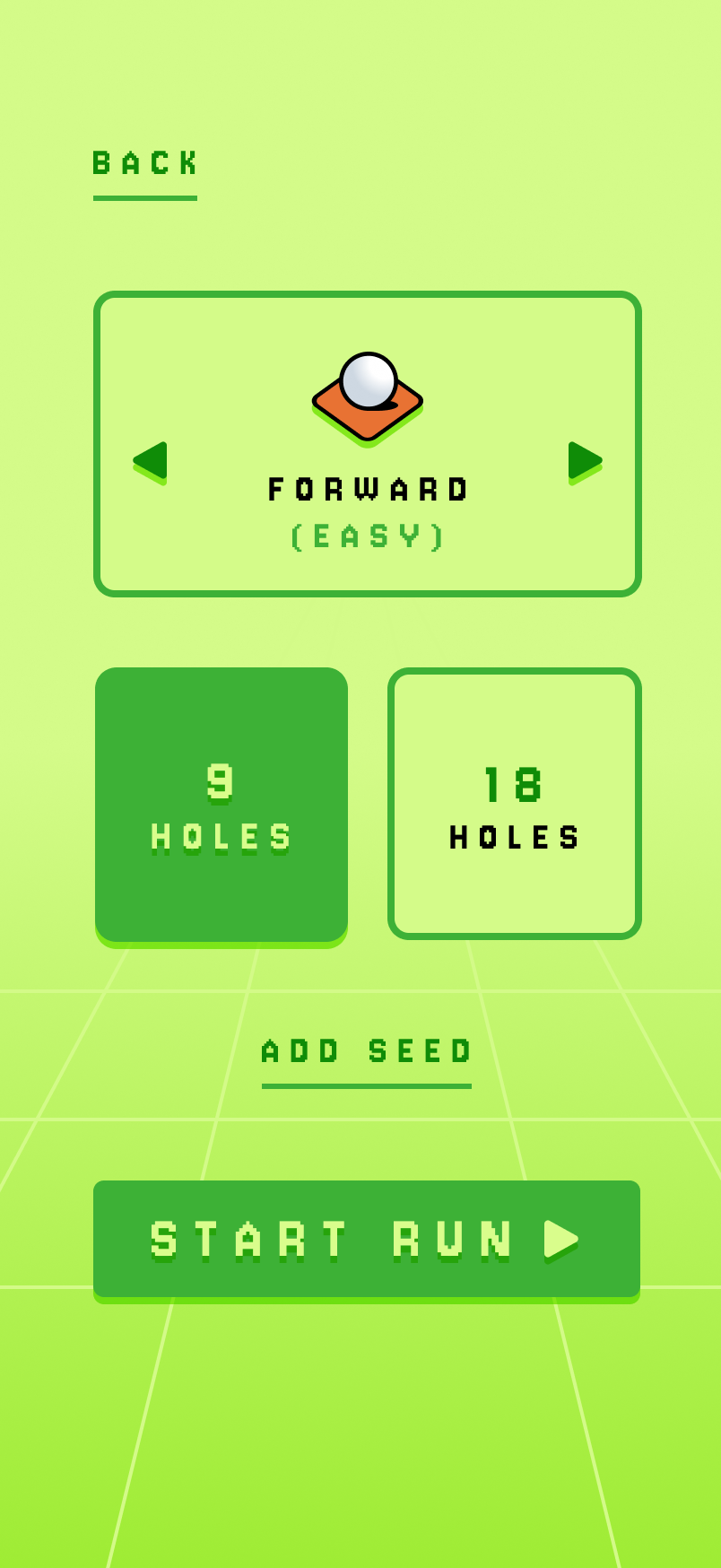 Grid Golf run setup with forward tees, nine or eighteen holes, and an optional seed