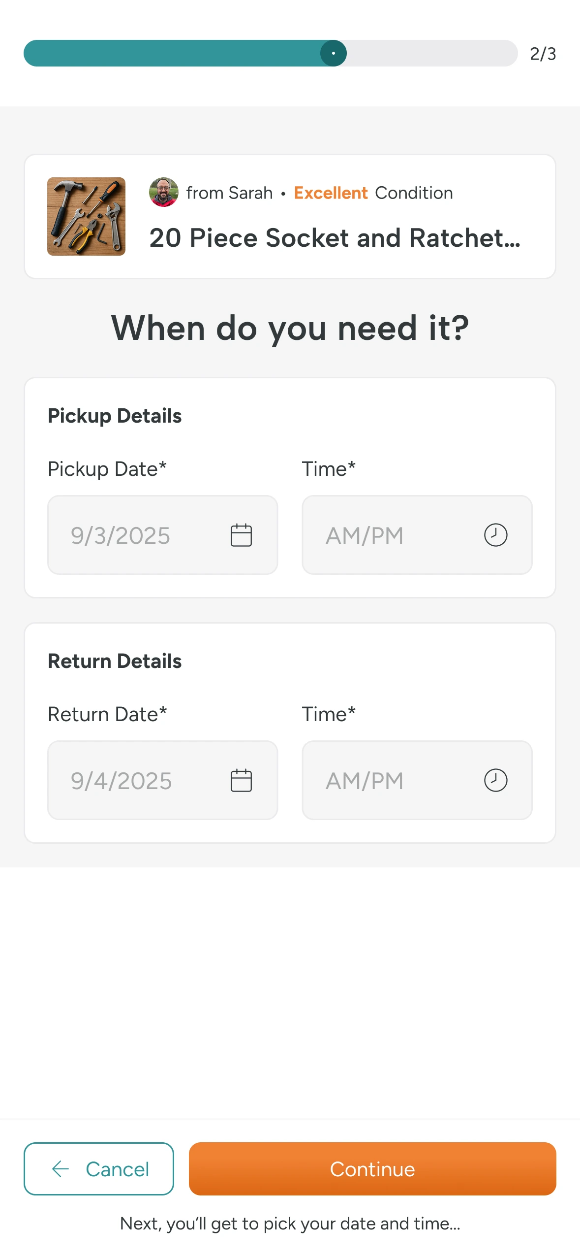 Borrowing request with pickup and return dates and times