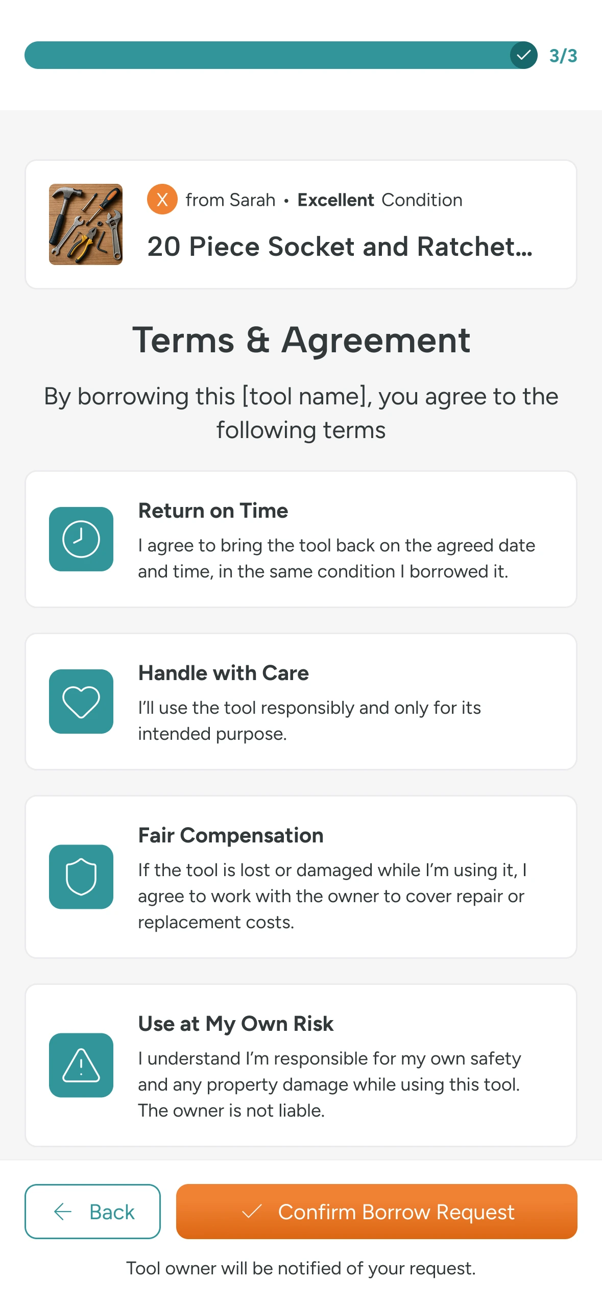 Borrowing agreement explaining returns, care, compensation, and risk