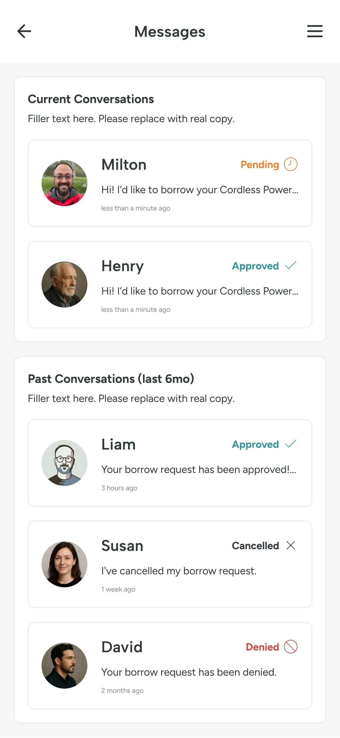 Message history grouped into current and past conversations with request statuses
