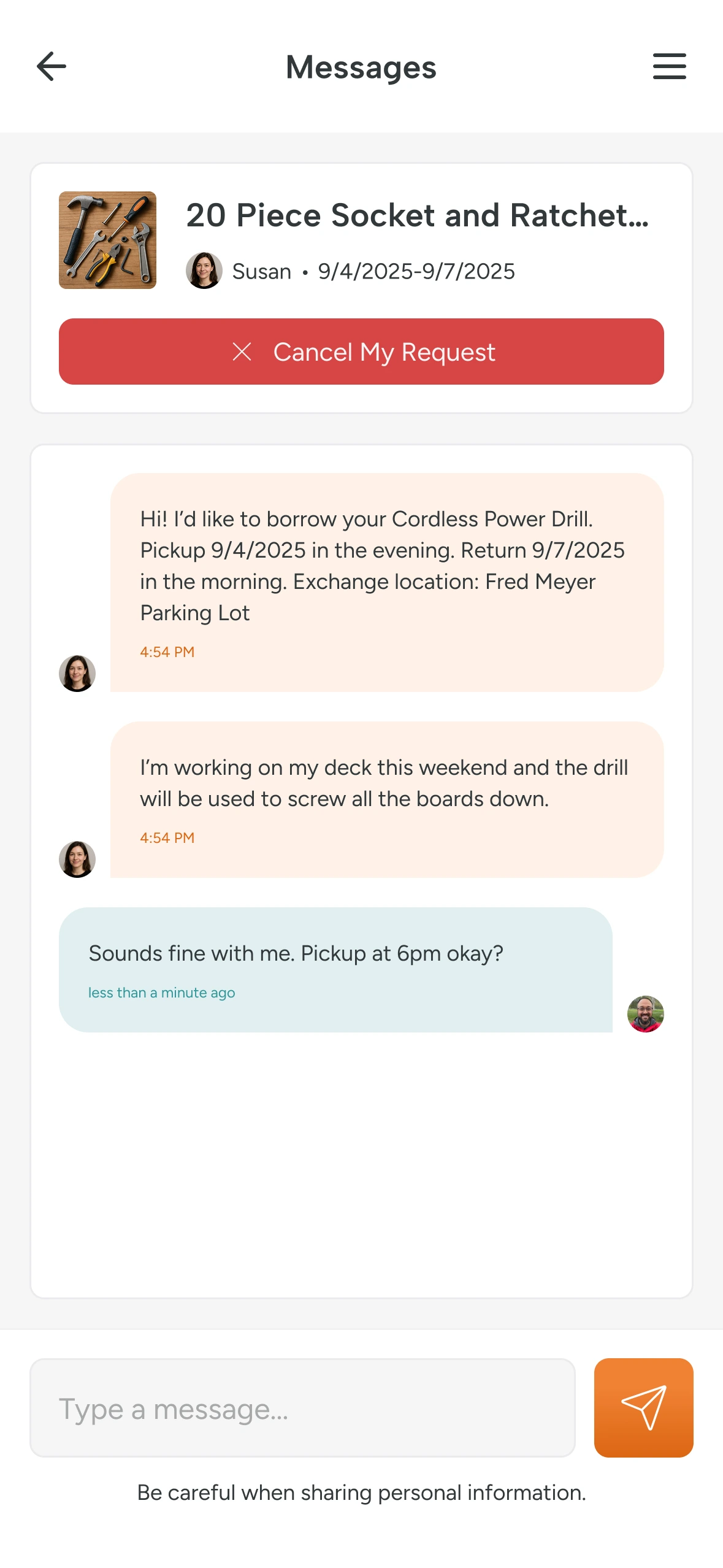 Conversation attached to a socket and ratchet set borrowing request