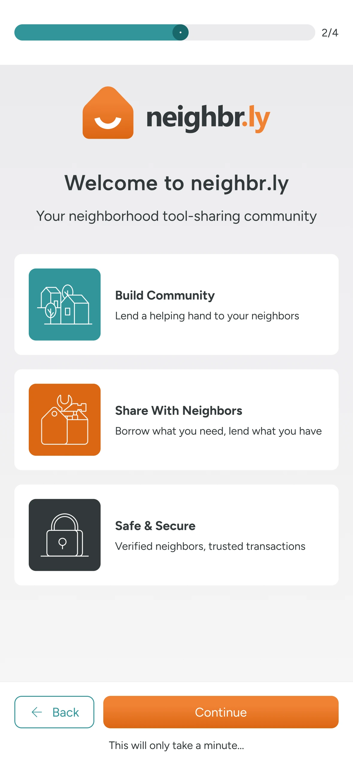 Welcome screen explaining community, sharing, and safety