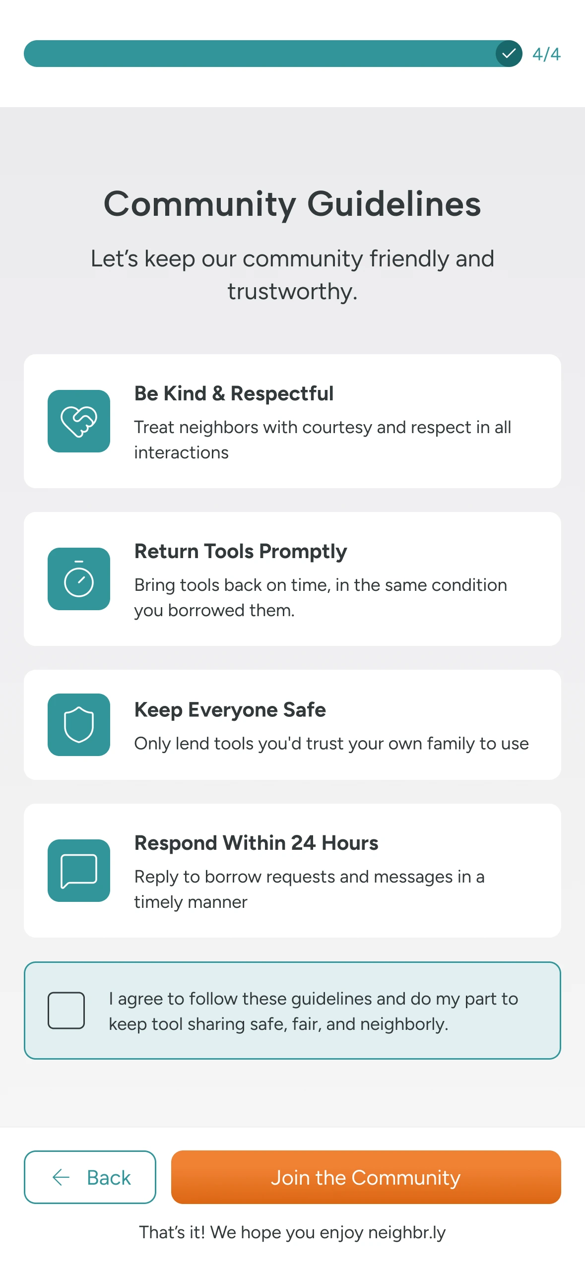 Community guidelines covering respect, returns, safety, and timely replies