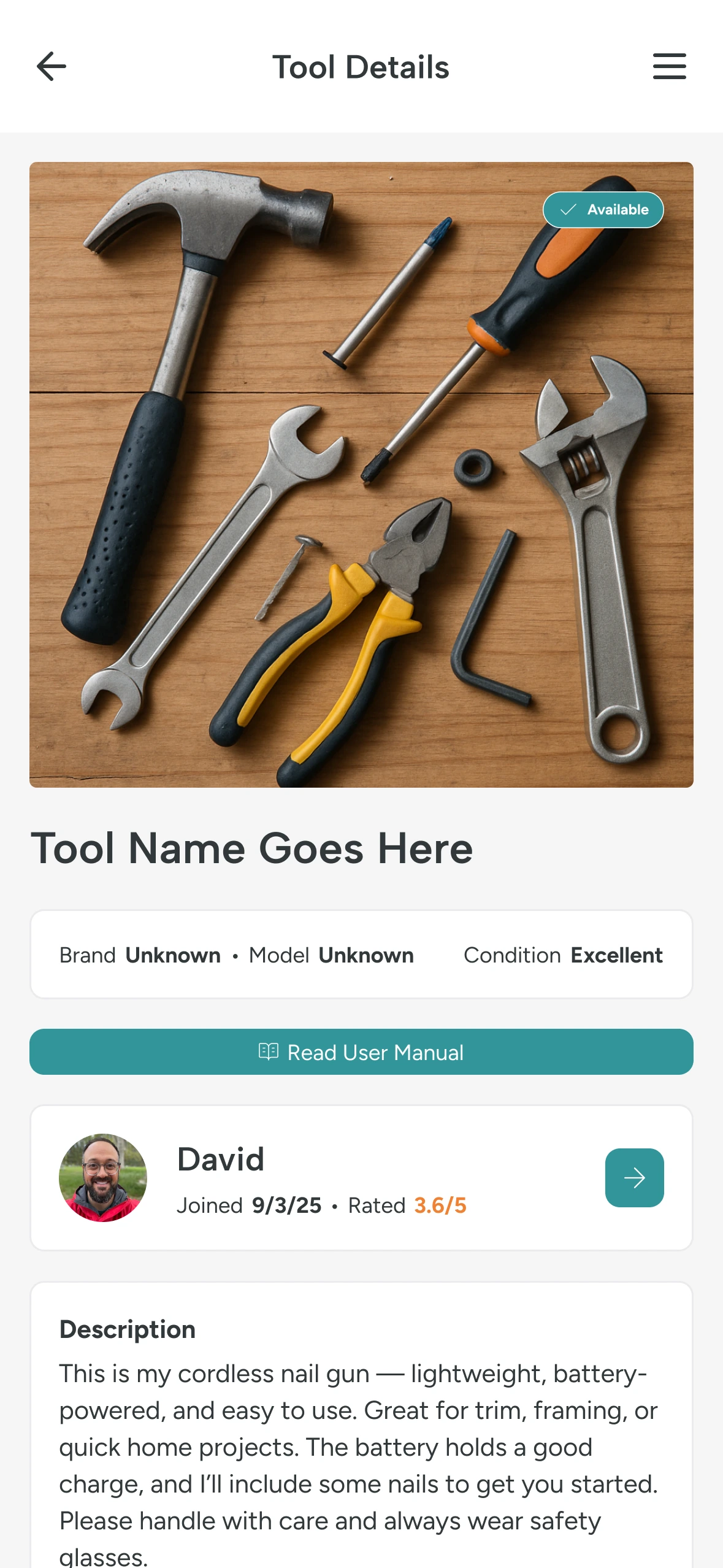 Tool details and lender information