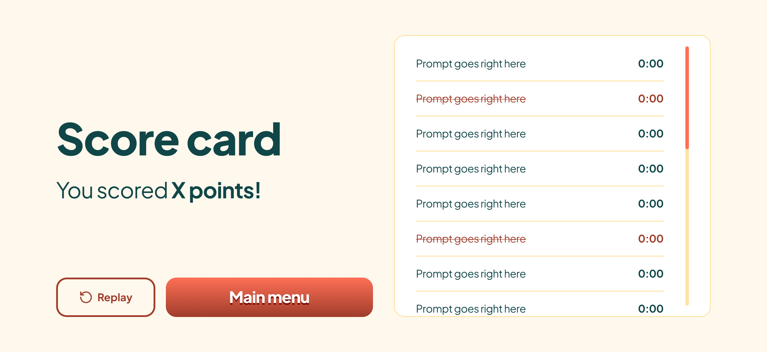 Scrollable round scorecard showing guesses and results