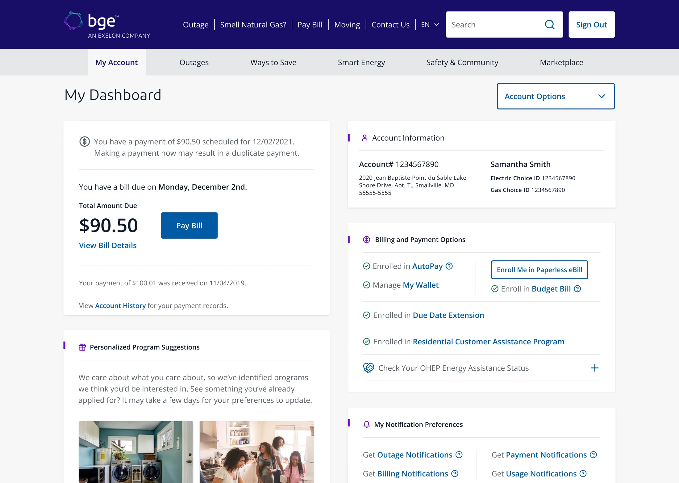 MyAccount dashboard showing Residential Customer Assistance Program enrollment in the Billing and Payment Options card