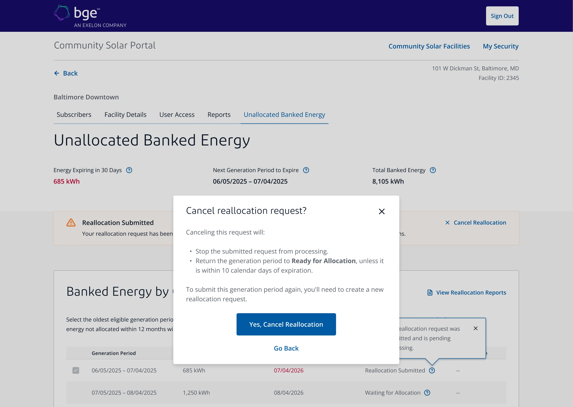 BGE reallocation cancellation dialog explaining how energy returns to the available balance