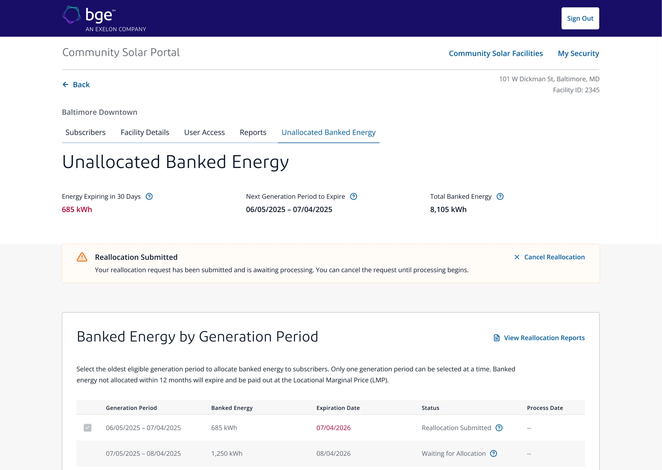 BGE Community Solar Portal showing banked energy, generation periods, and reallocation statuses