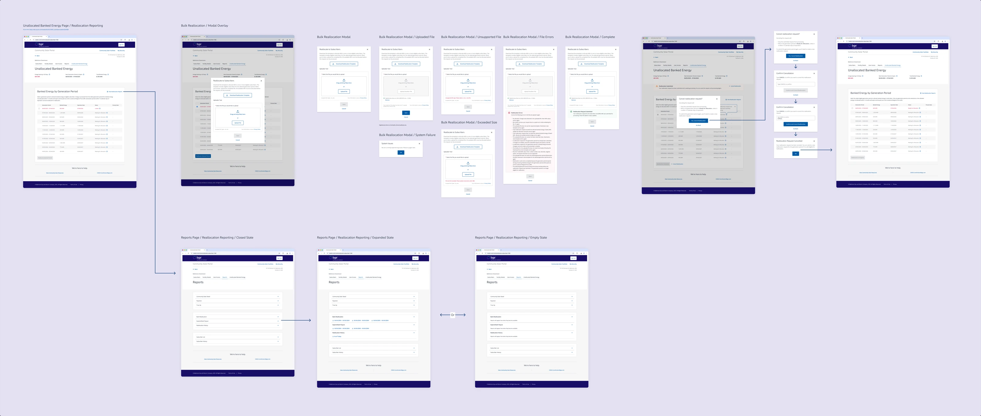 BGE banked energy wireframe flow connecting bulk reallocation, file upload validation, cancellation, and reporting states