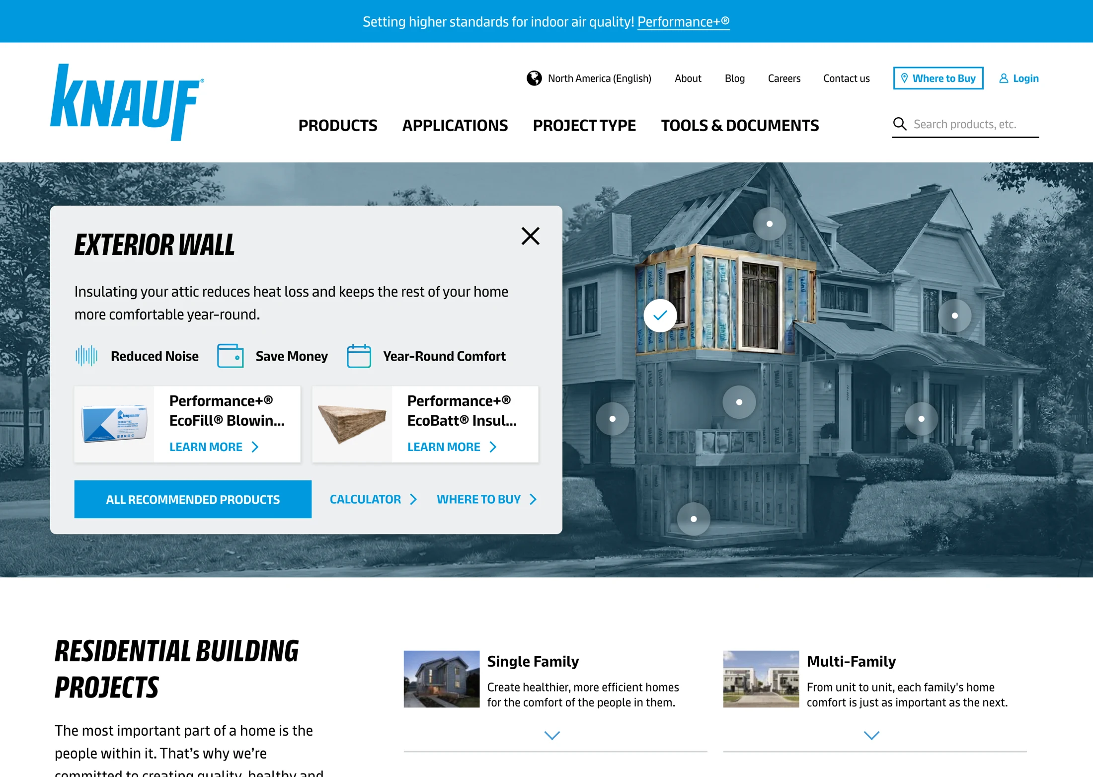Exterior wall selection showing insulation benefits, recommended products, calculator, and Where to Buy links
