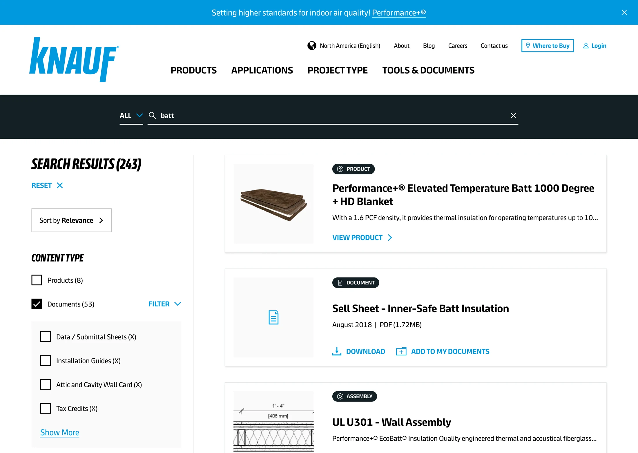 Knauf search results with content-type filters, product listings, and technical documents